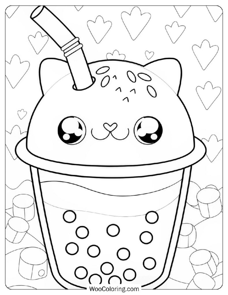Kawaii Boba Tea With Cute Cat Cup Fun Bubble Tea to Color