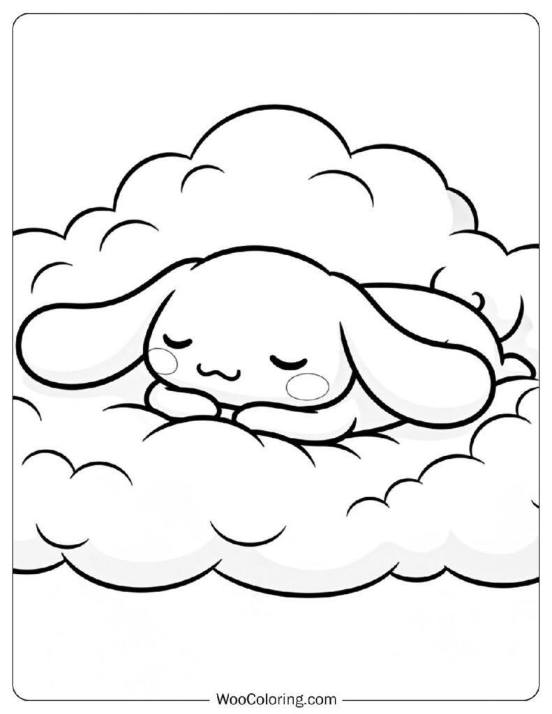 Kawaii Cinnamoroll Coloring Sheet resting on his mother the blue sky surrounded by gentle breeze