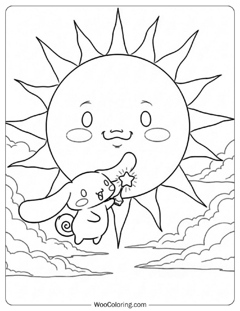 Kawaii Cinnamoroll talking to his father the sun while holding a tiny star