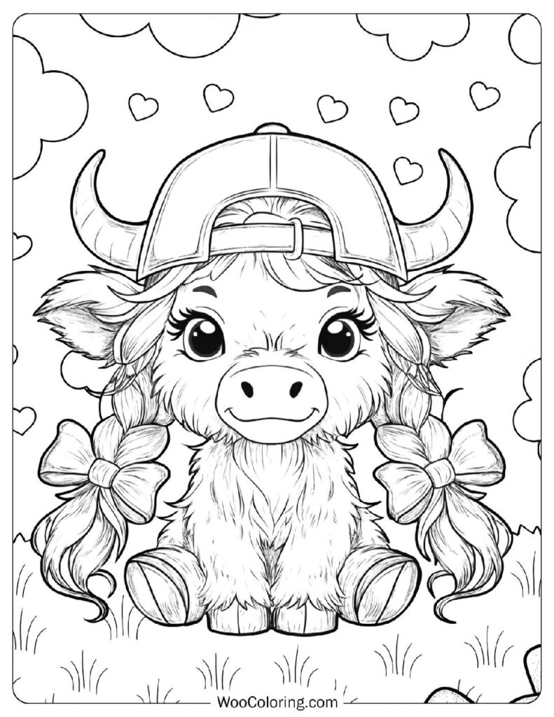 Kawaii Cute Baby Cow Coloring Page With Braids In A Cap