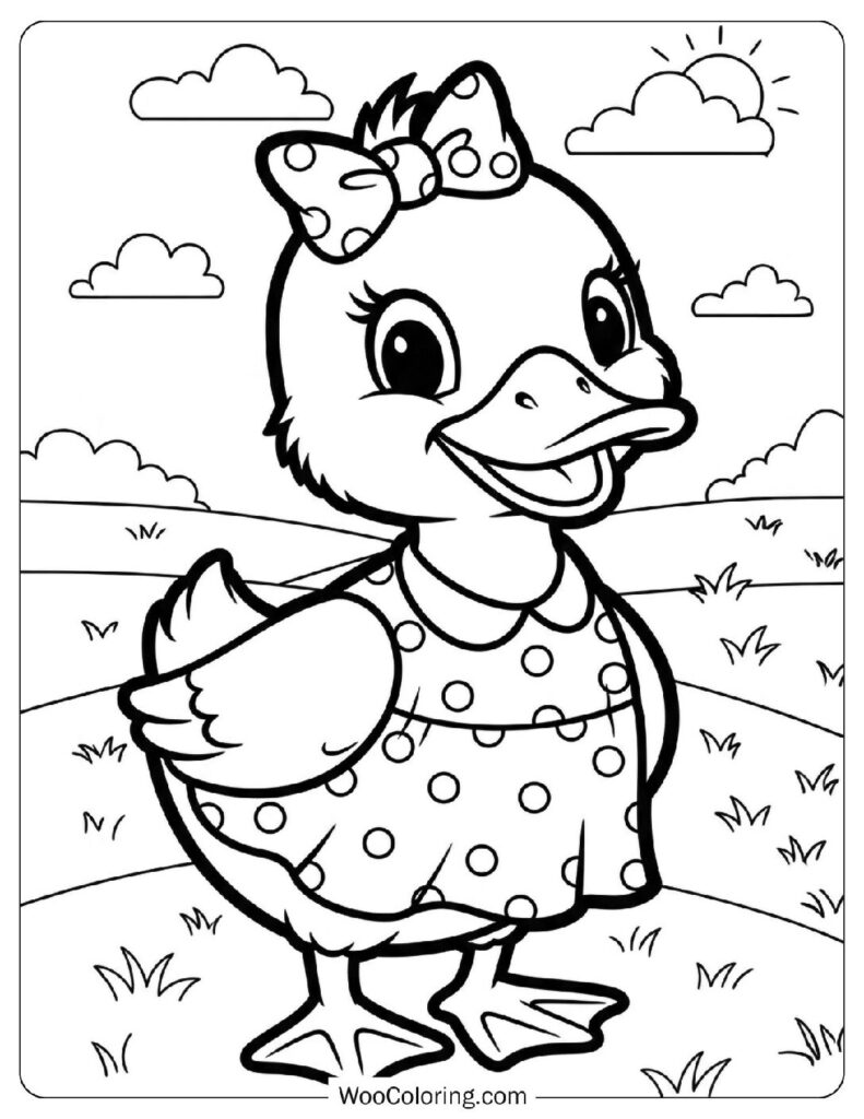 Kawaii Duckling Wearing a Polka Dot Dress Coloring Page