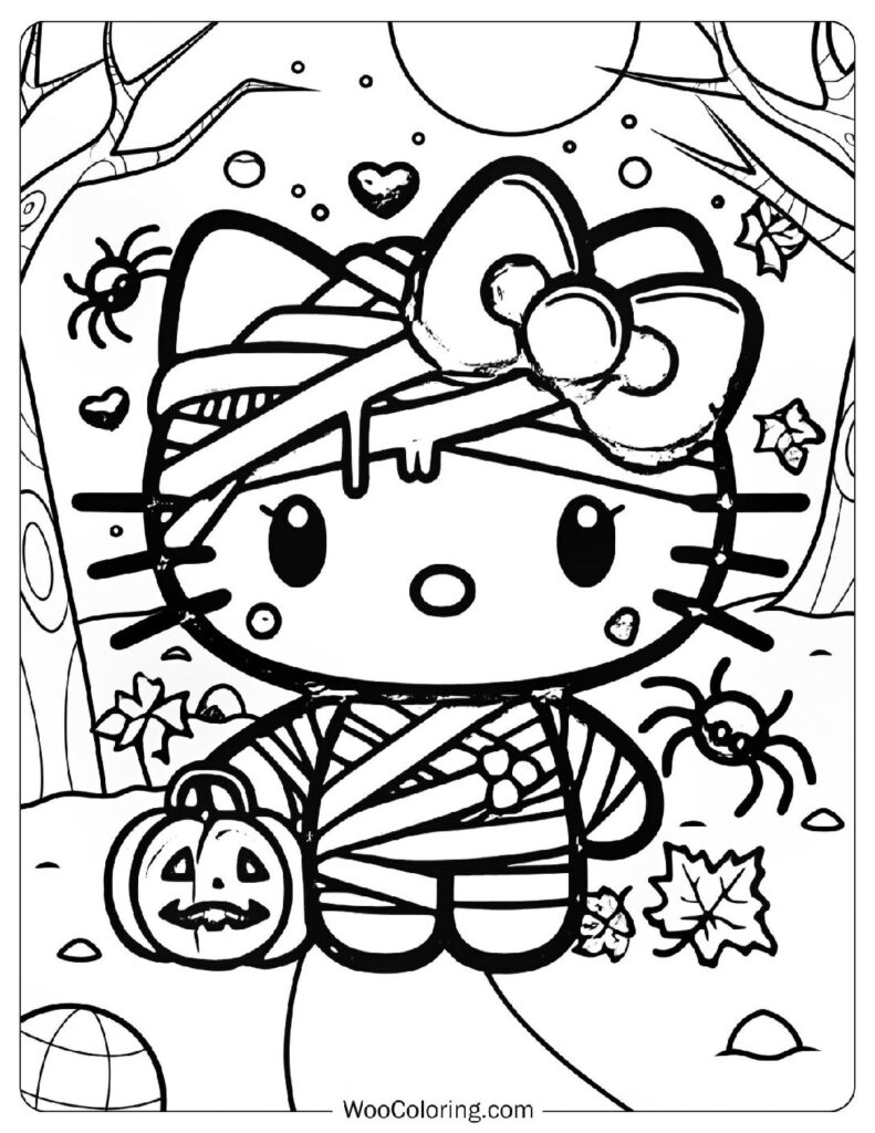 Kawaii Halloween Mummy Hello Kitty Coloring Page
