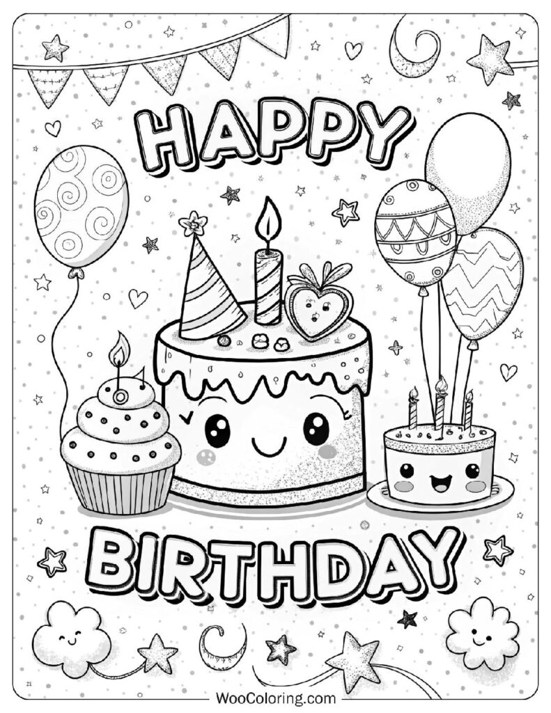 Kawaii Happy Birthday Illustration Coloring Page
