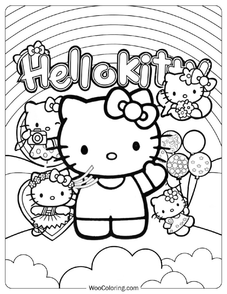 Kawaii Hello Kitty Coloring Sheet With Friends, Balloons And Flowers