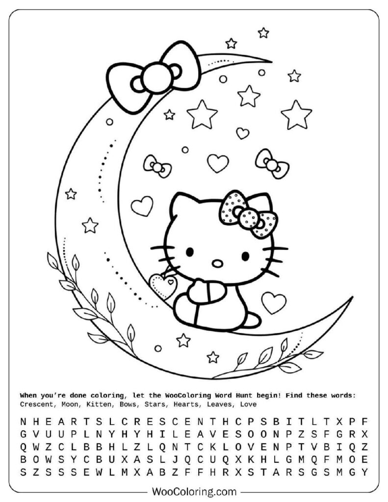 Kawaii Hello Kitty Leaning on Crescent Moon