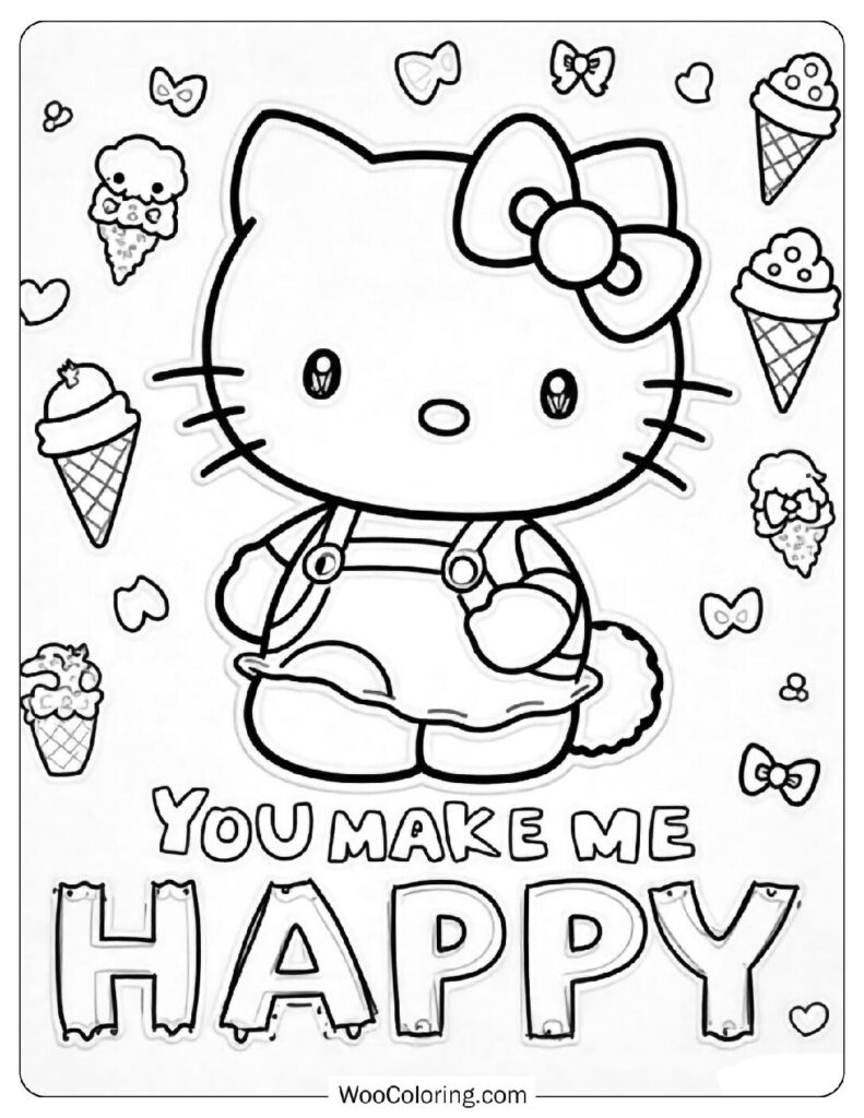 Kawaii Hello Kitty Says 'You Make Me Happy' – Fun Coloring Page
