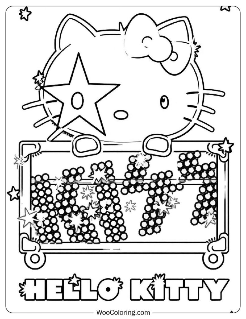 Kawaii Hello Kitty with Bow, Stars, and 'KISS' – Cool Coloring Page