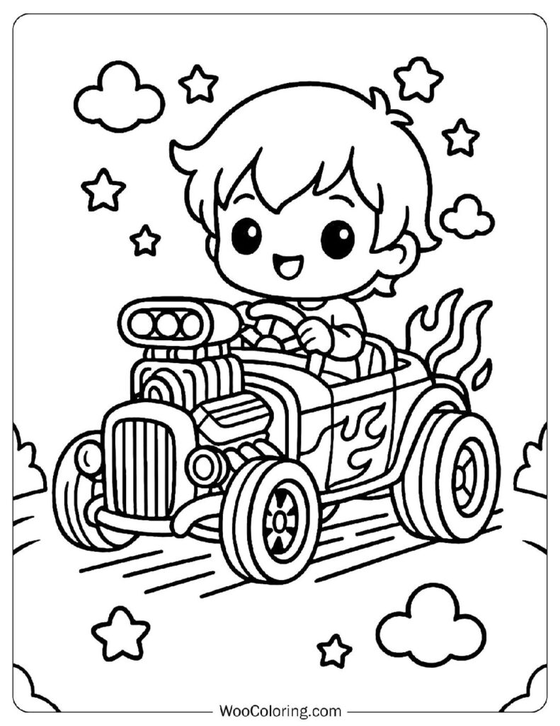 Kawaii Hot Rod with Cute Boy Picture to Color