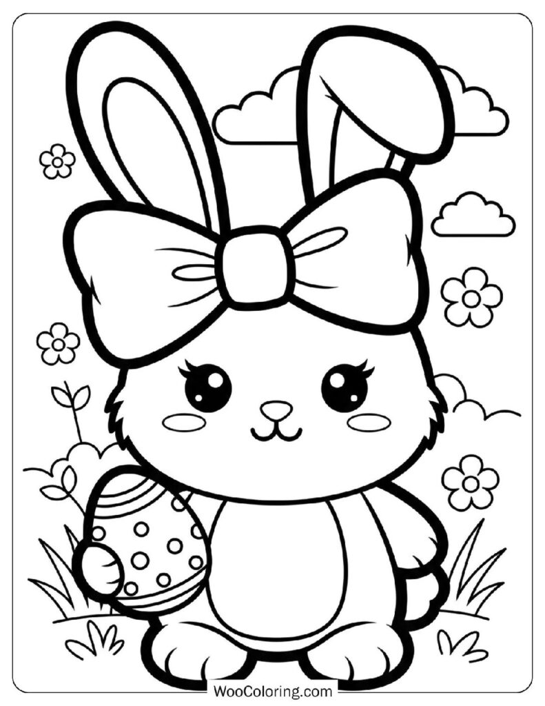 Kawaii Style Easter Bunny with a Large Bow Coloring Sheet for Preschoolers