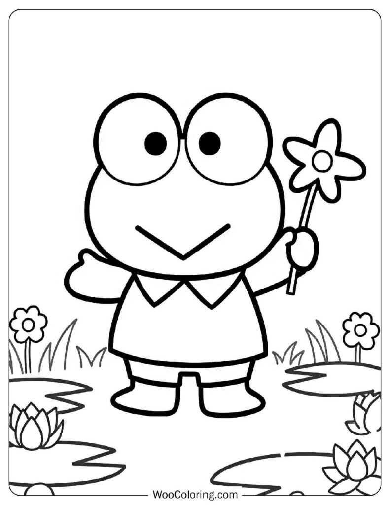 Keroppi Coloring Page for Kids cheerful green frog jumping around Donut Pond