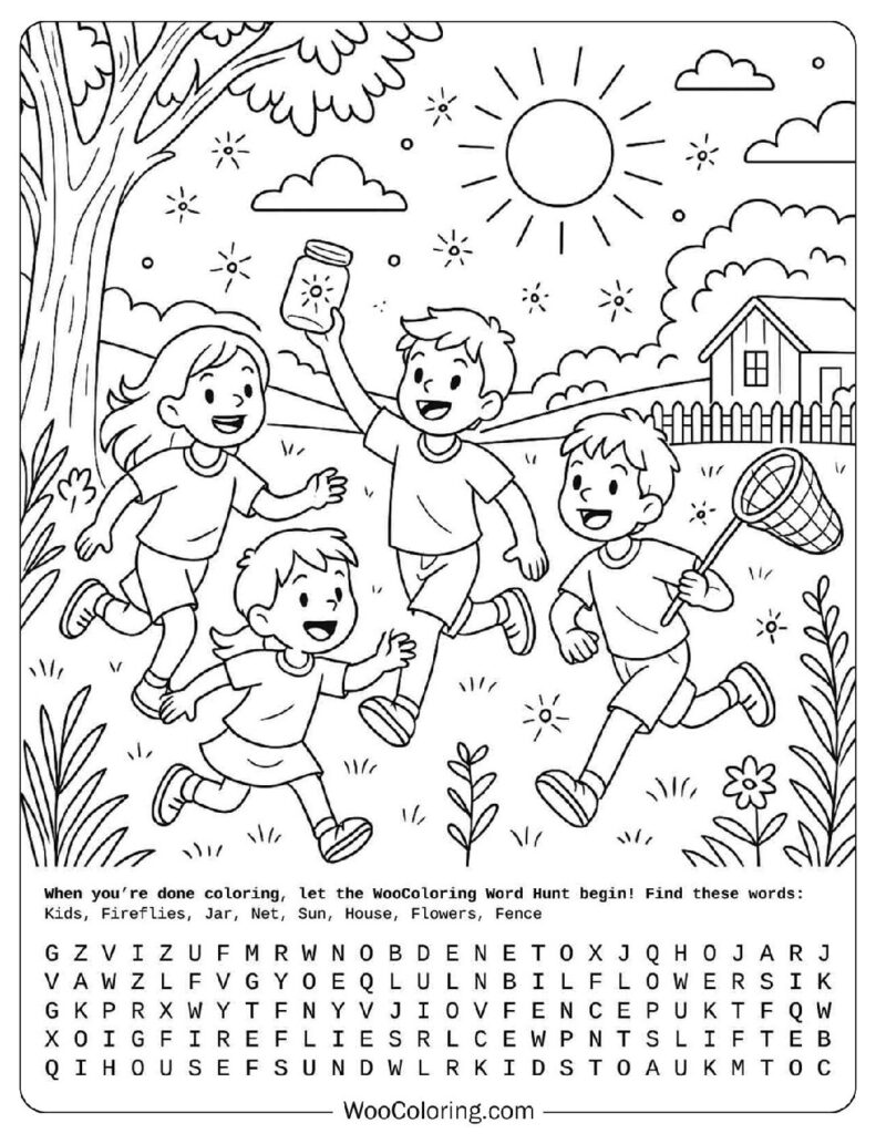 Children chasing fireflies with jar and net under sunny sky near house in summer coloring page