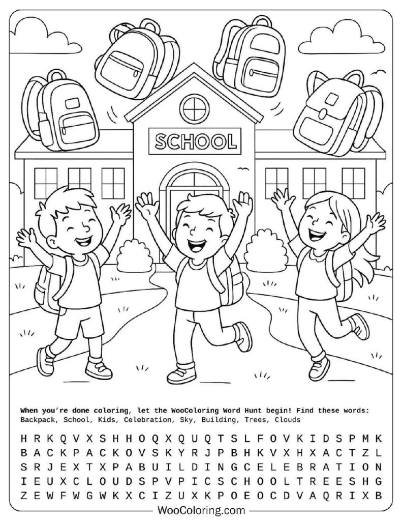 Summer coloring page of happy kids tossing backpacks outside school building