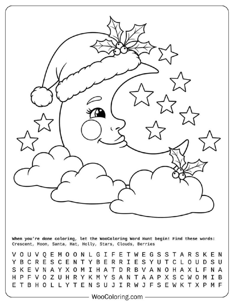 Kids’ Coloring Moon with Santa Hat and Stars