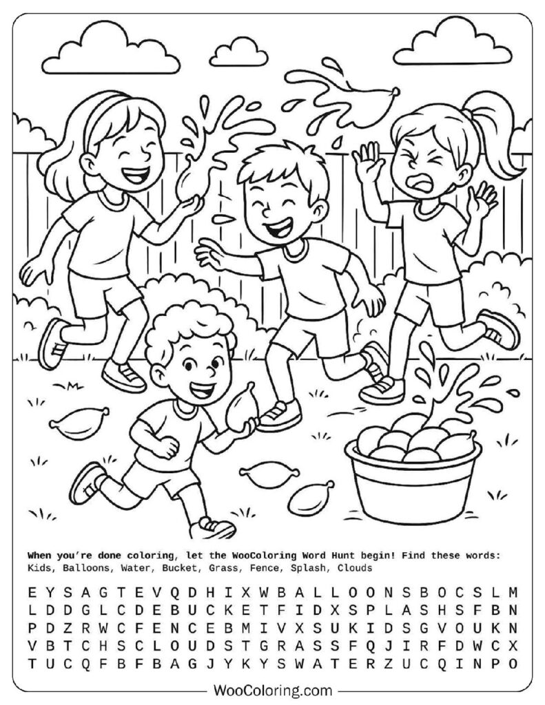 Children playing with water balloons in yard surrounded by bushes in summer coloring page