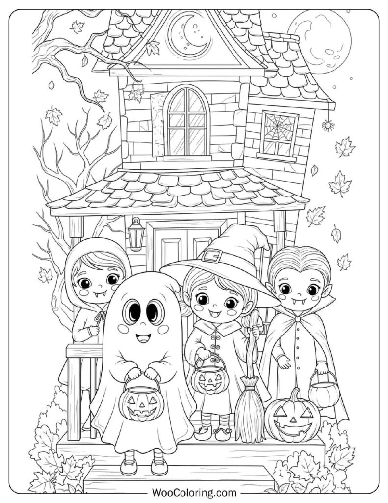Kids Trick-or-Treating in Costumes coloring page