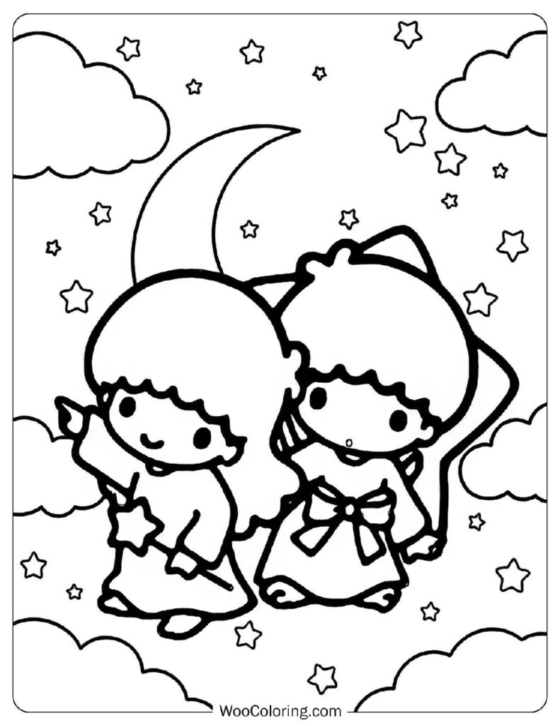 Kiki and Lala Little Twin Stars floating together through the dreamy Sanrio sky