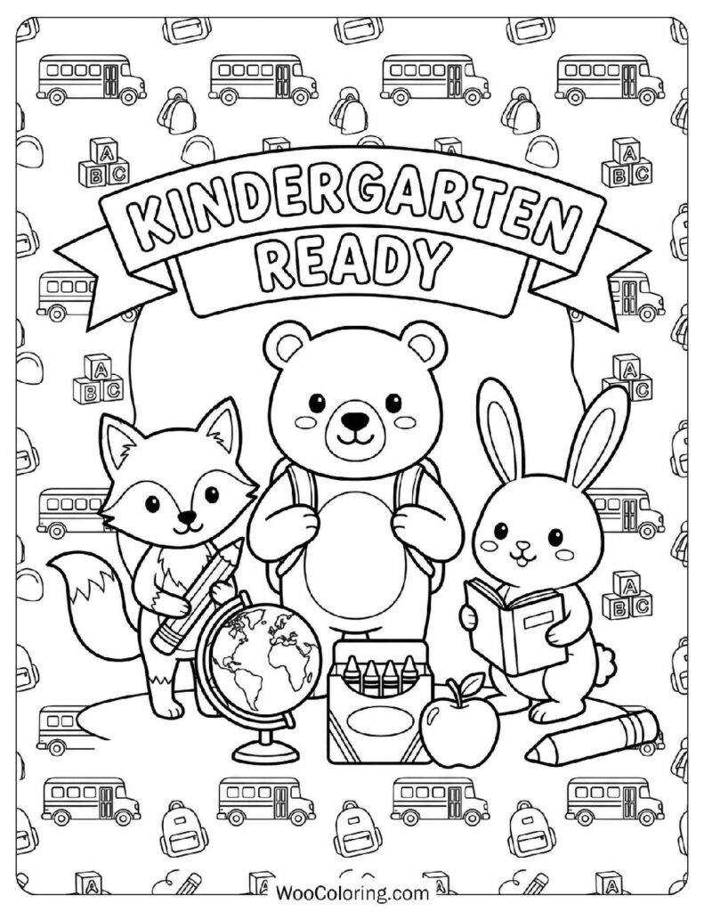 Kindergarten Ready Back to School Poster with Cute Animals Coloring Sheet