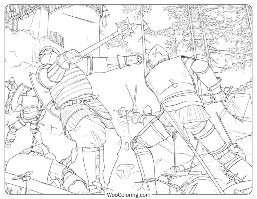 Kingdom Come Deliverance Battle at Castle Wall Coloring Sheet for Kids