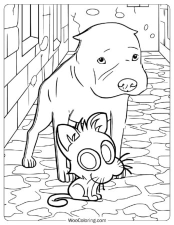 Kitbull Cat with Best Friend Pitbull Coloring Page
