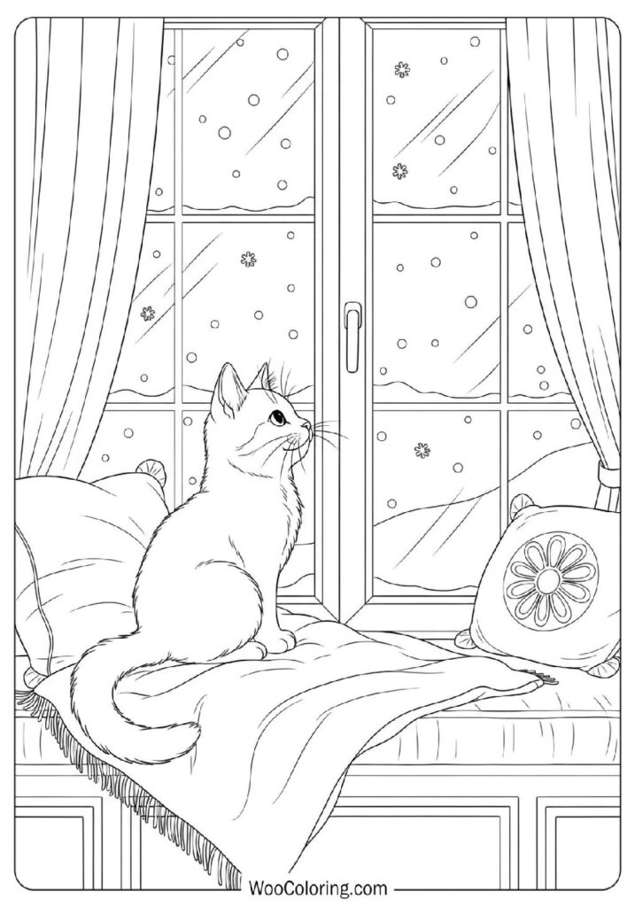 Kitten Watching Snow Gently Fall From a Cozy Window Seat