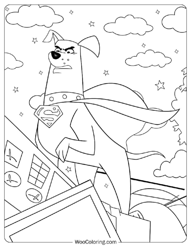 Krypto the Superdog Flying High Over the City Ready for His Next Mission Coloring Page for Kids