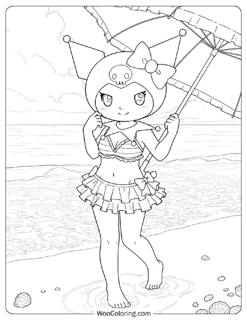 Kuromi Enjoying Sunshine Coloring Sheet with Sparkles and Sea Breeze Fun