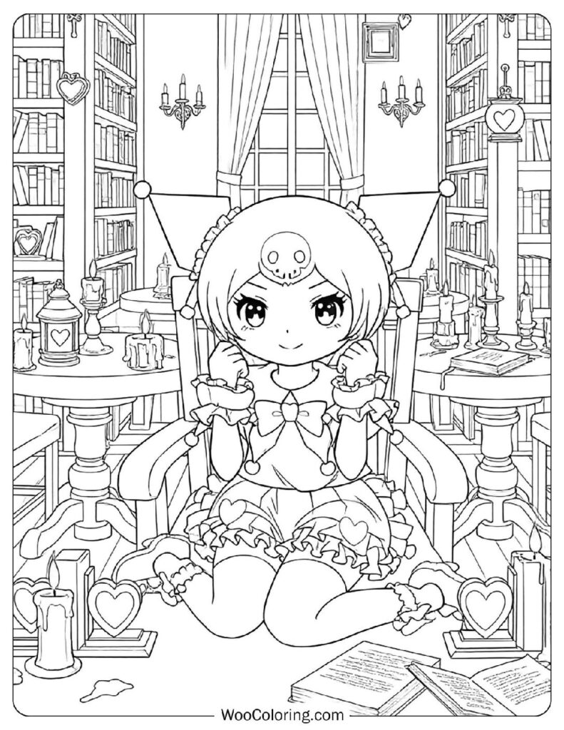 Kuromi finds calm and creativity in the quiet library corners
