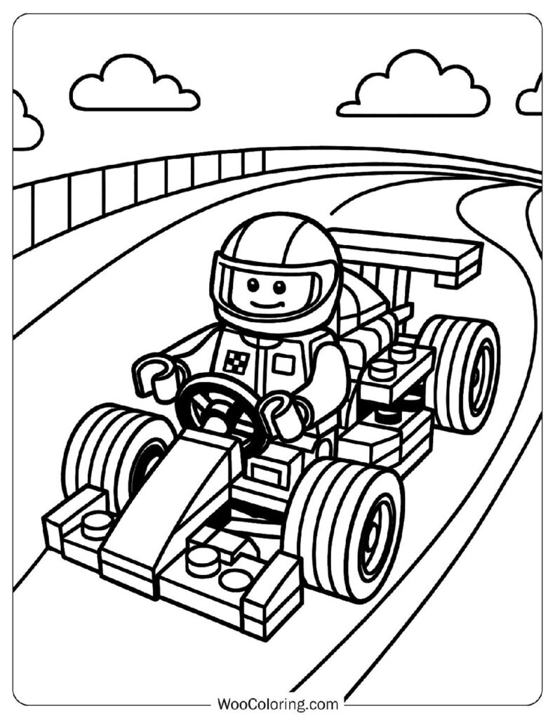 LEGO Formula 1 Car Racing on Track Coloring Sheet For Kids