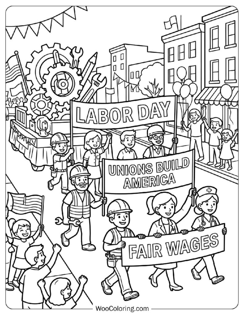 Labor Day Parade with Union Members Marching with Banners