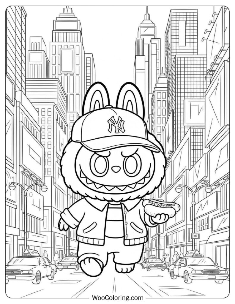 Labubu eating a hot dog in Times Square, New York