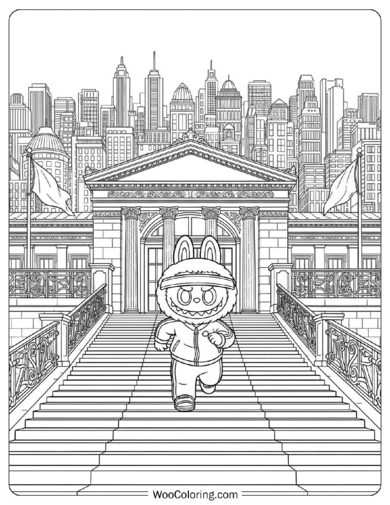 Labubu running up the Rocky steps, Philadelphia