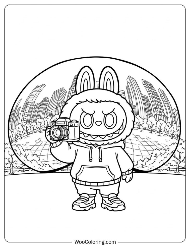 Labubu taking a photo at the Bean sculpture, Chicago