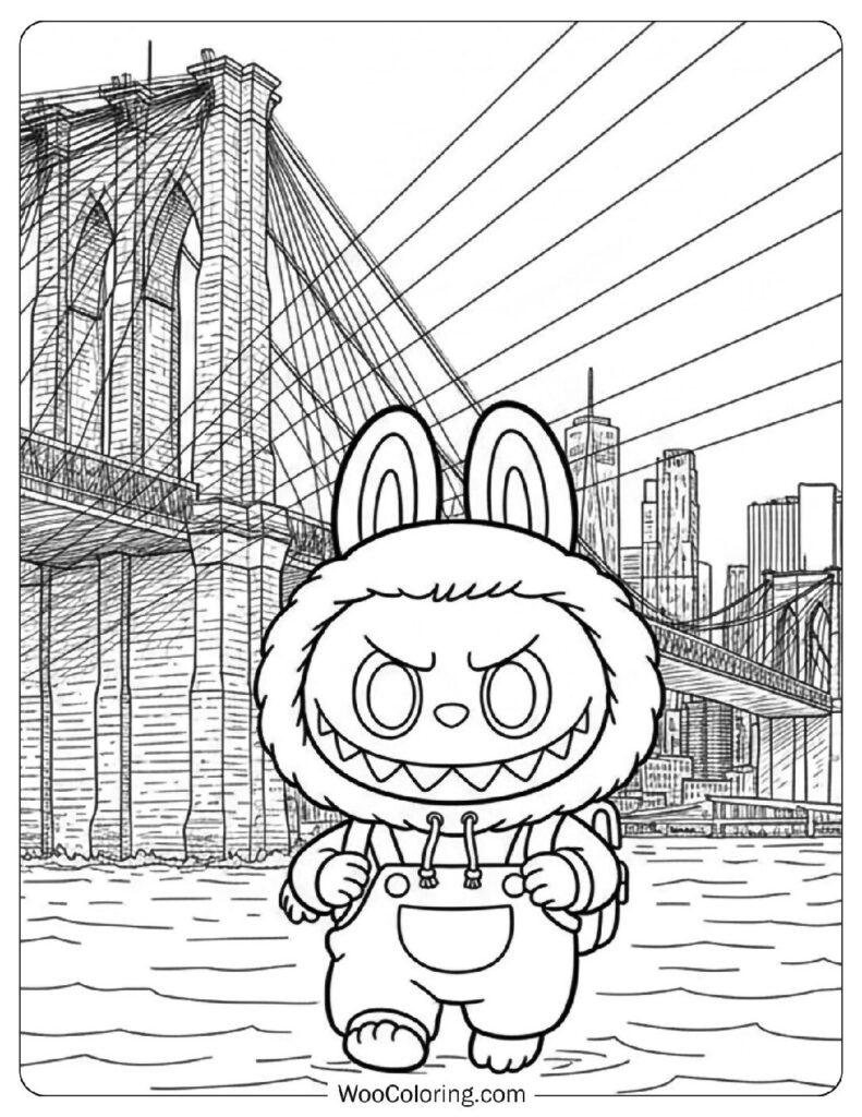 Labubu walking across the Brooklyn Bridge, New York