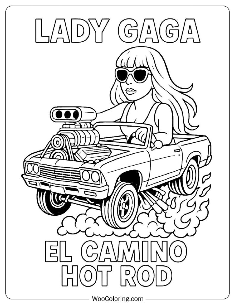Lady Gaga Behind the Wheel of a Blown Chevy El Camino Hot Rod Coloring Page