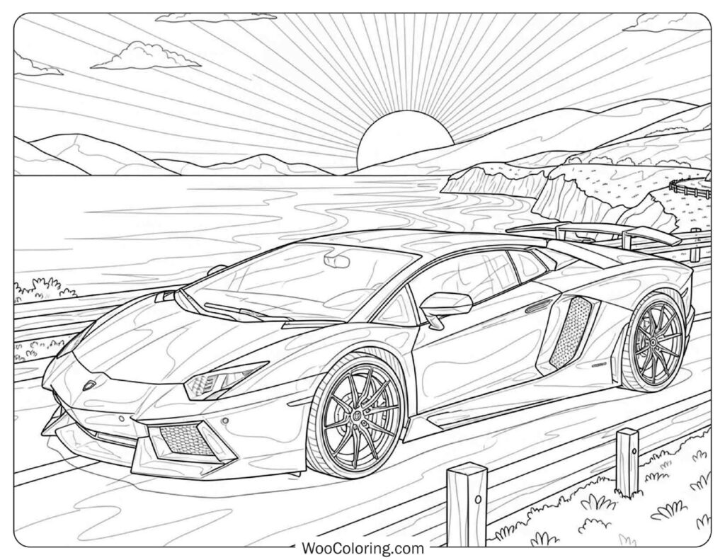 Lamborghini Aventador on Scenic Coastal Road Coloring Page