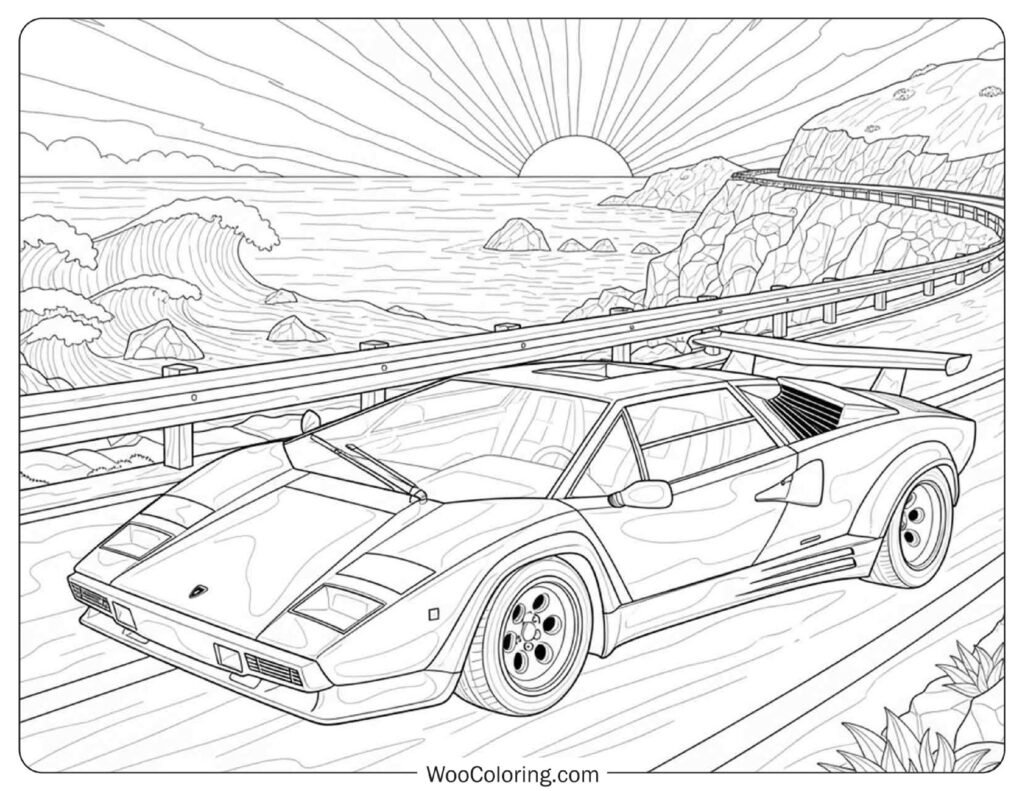 Lamborghini Countach on Coastal Cliff Highway Coloring Picture