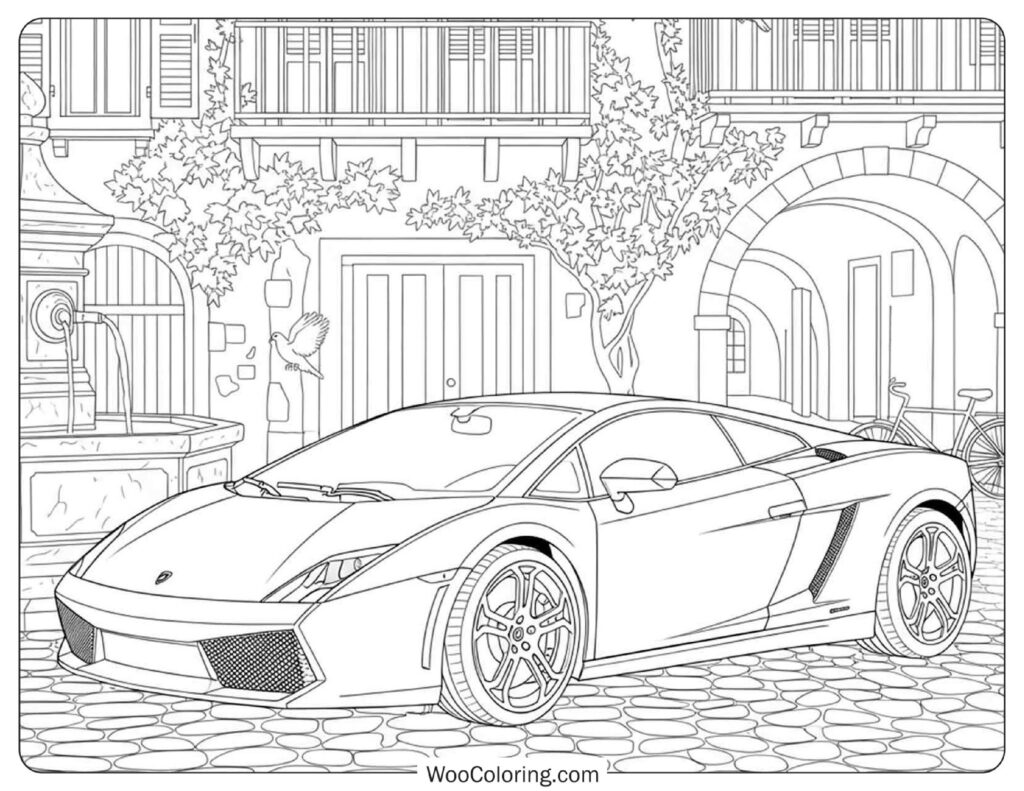 Lamborghini Gallardo in Peaceful European Plaza Coloring Page for Kids