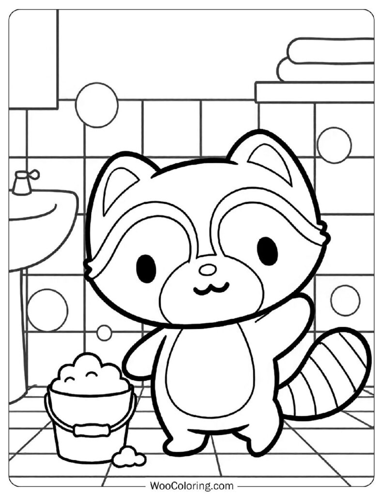 Landry playful Sanrio raccoon blowing soap bubbles in his cozy home