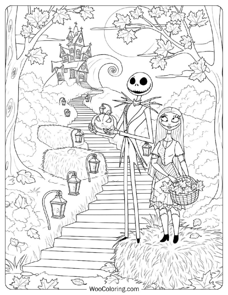 Lantern Lit Haybale Steps Fall Coloring Page with Jack Skellington and Sally