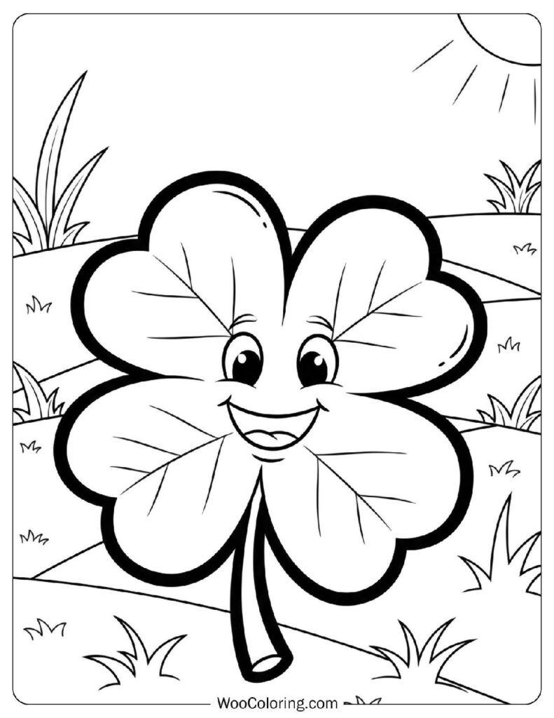 Large Four-Leaf Clover with Happy Eyes Coloring Picture