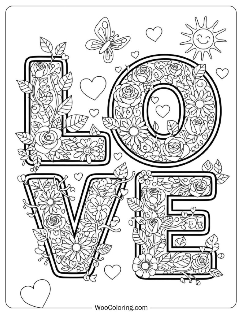 Large LOVE Letters with Floral Fill Coloring Sheet
