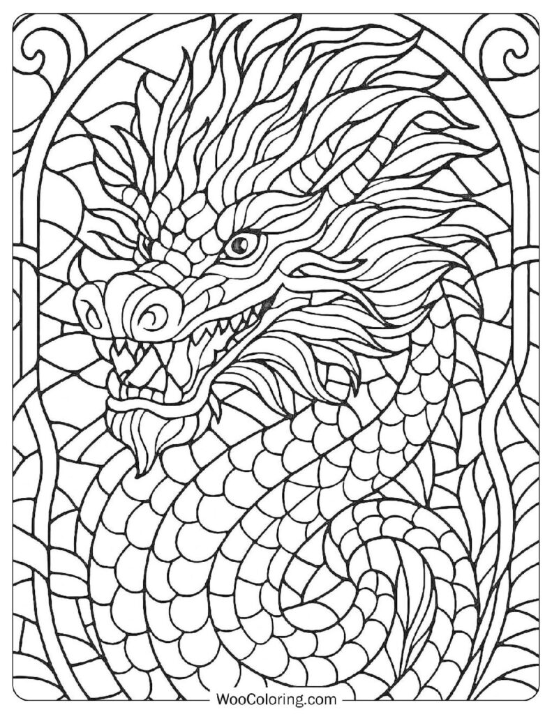 Legendary Fire Dragon Line Art Window Design to Color
