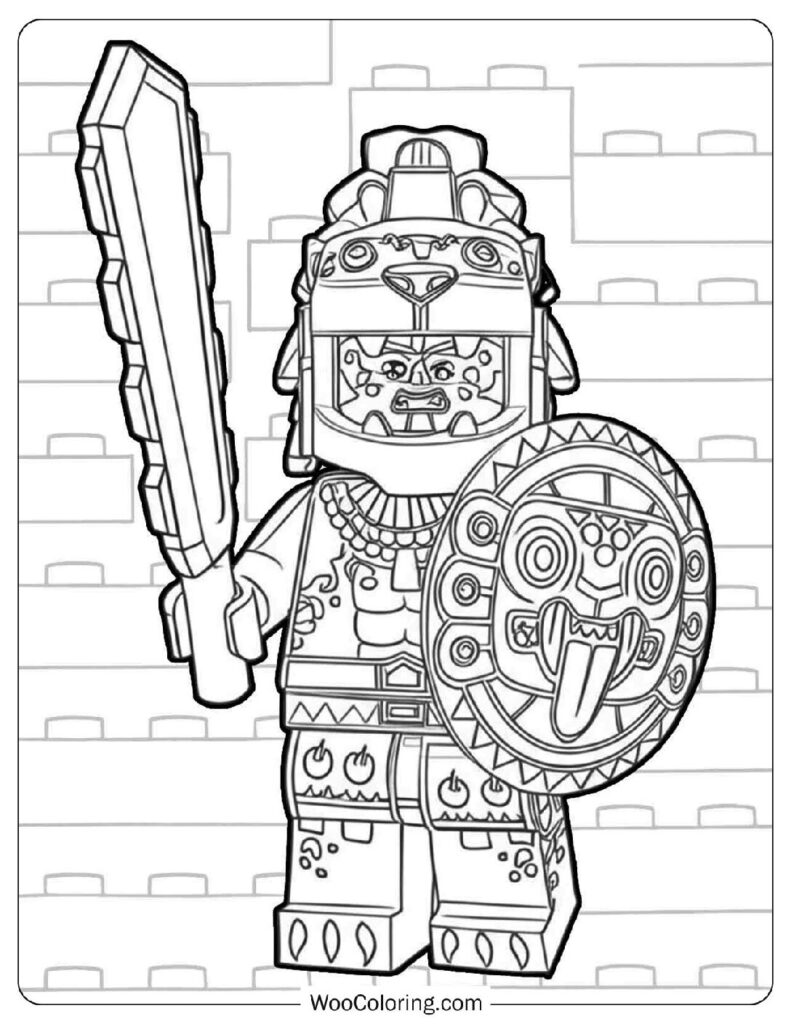 Ancient Warrior Minifigure Standing Tall with a Shield and Spear in a Desert Background Coloring Page for Kids