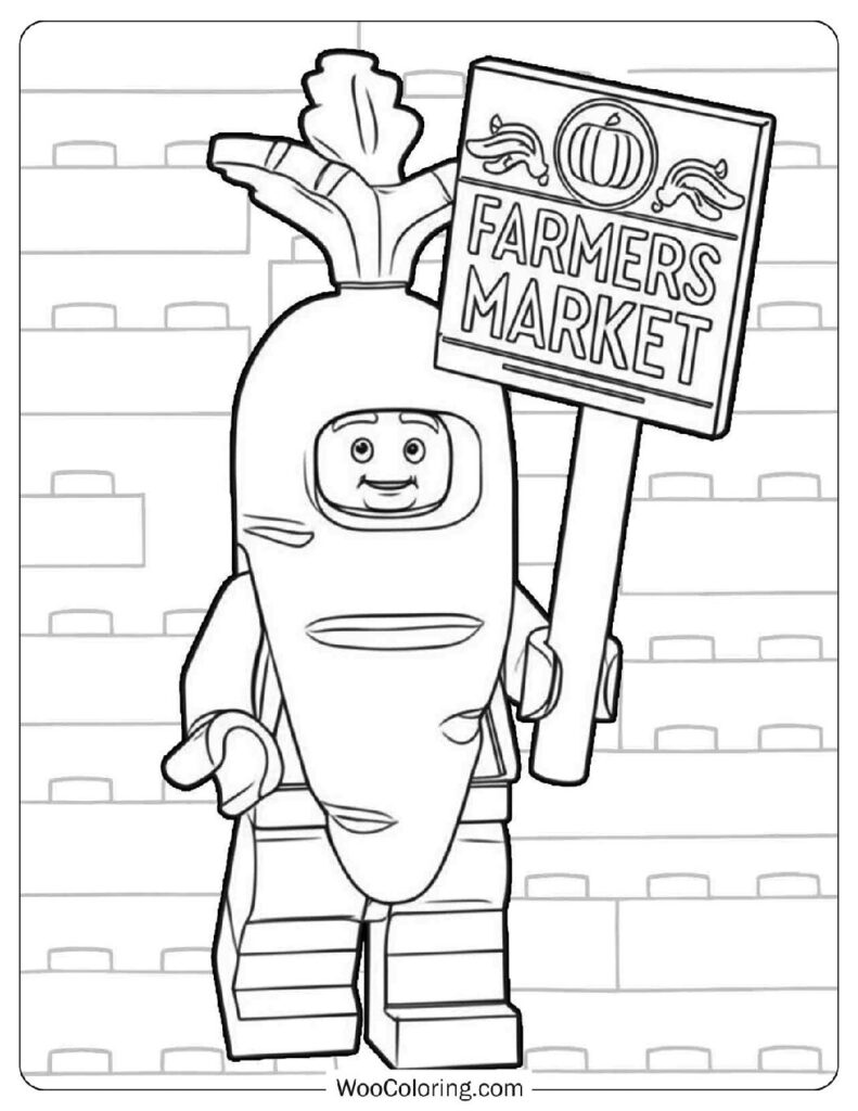 Carrot Mascot Holding a Farmers Market Sign Smiling Brightly in the Lego Food Series Set