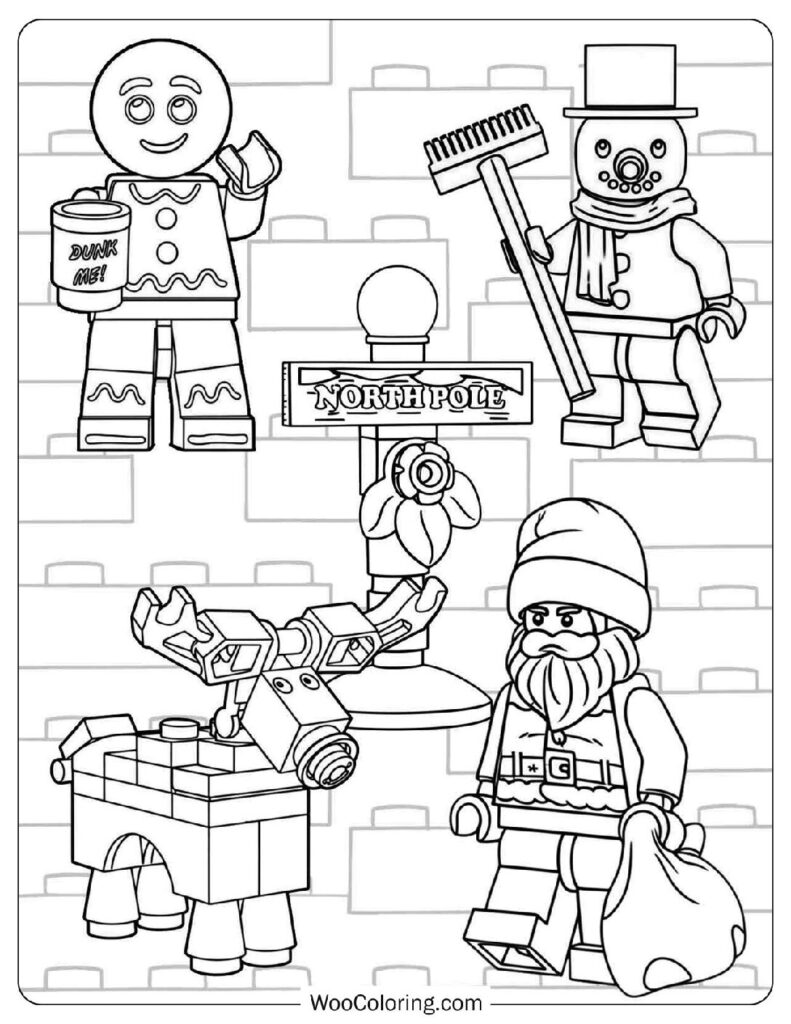 Santa Claus Rudolph Snowman and Gingerbread Man Standing Together in a Cozy Lego Christmas Scene