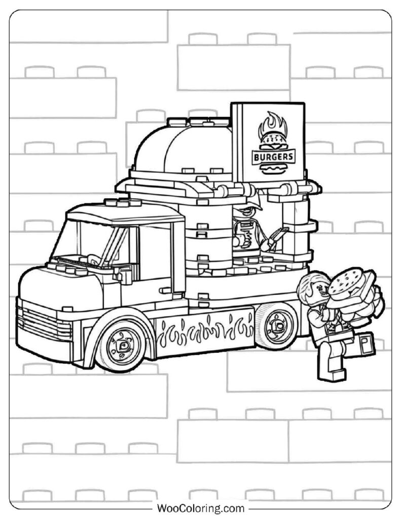 Busy Afternoon at the Lego City Burger Truck with a Smiling Chef Coloring Sheet for Kids
