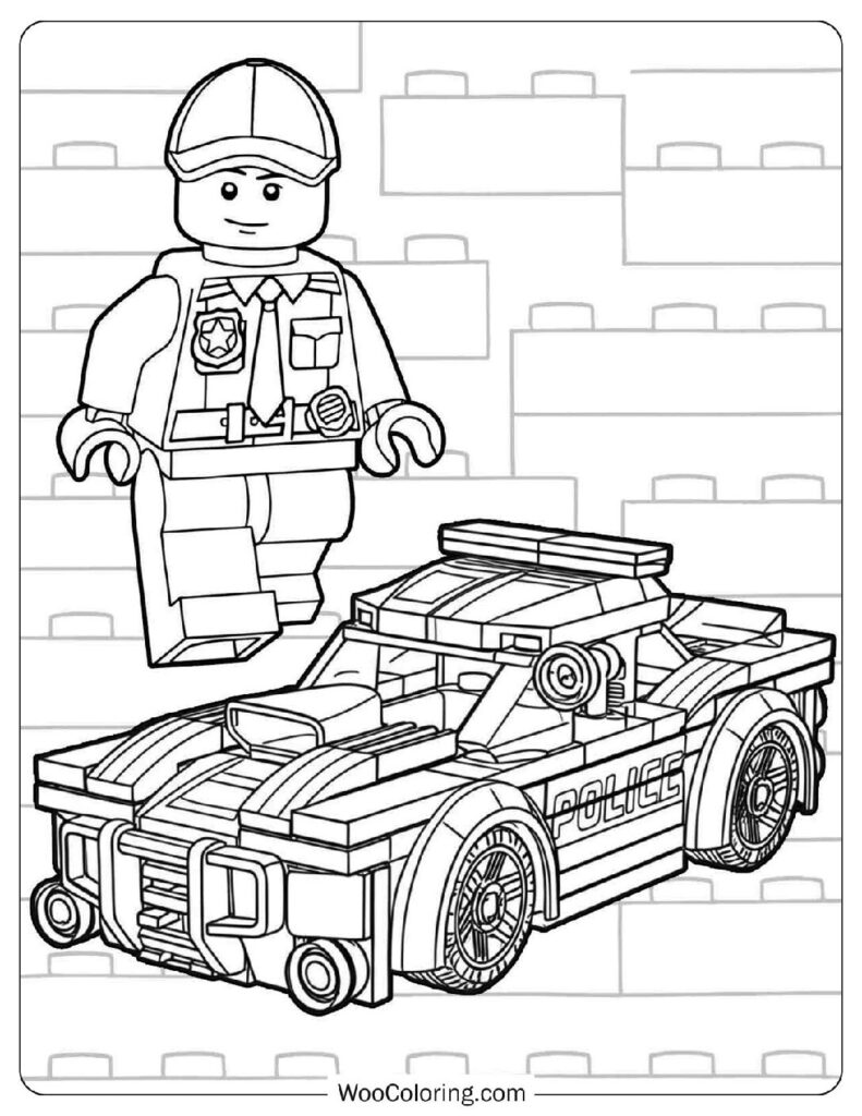 Lego City Police Officer Driving a Patrol Car Through the Streets Coloring Page for Kids