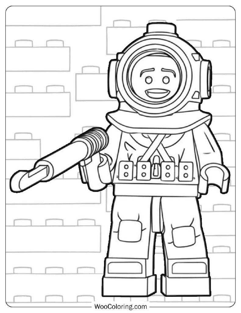 Deep Sea Diver from Lego Series Exploring Ocean Treasures with an Air Tank and Flippers Coloring Sheet