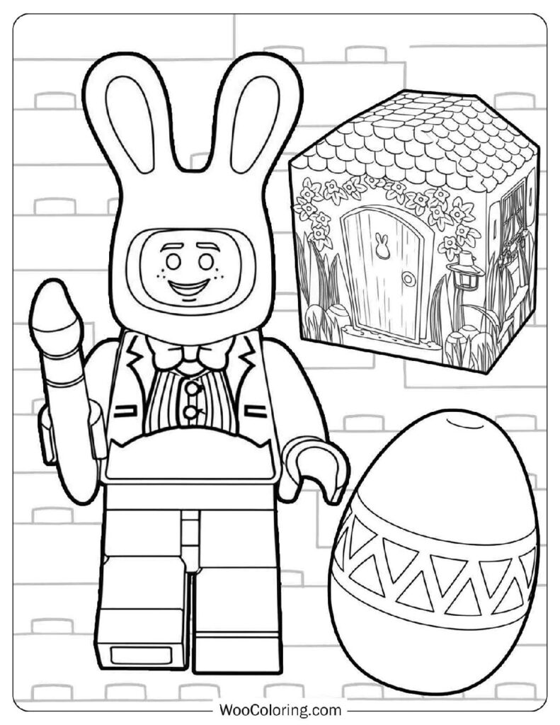 Lego Easter Bunny Hut Featuring a Cheerful Bunny Minifigure Holding a Brightly Painted Egg