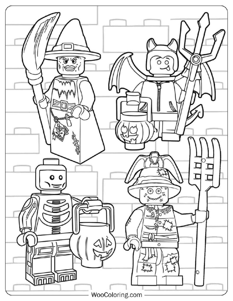 Little Devil Witch Skeleton and Scarecrow in a Festive Halloween Set with Glowing Jack-o’-Lantern